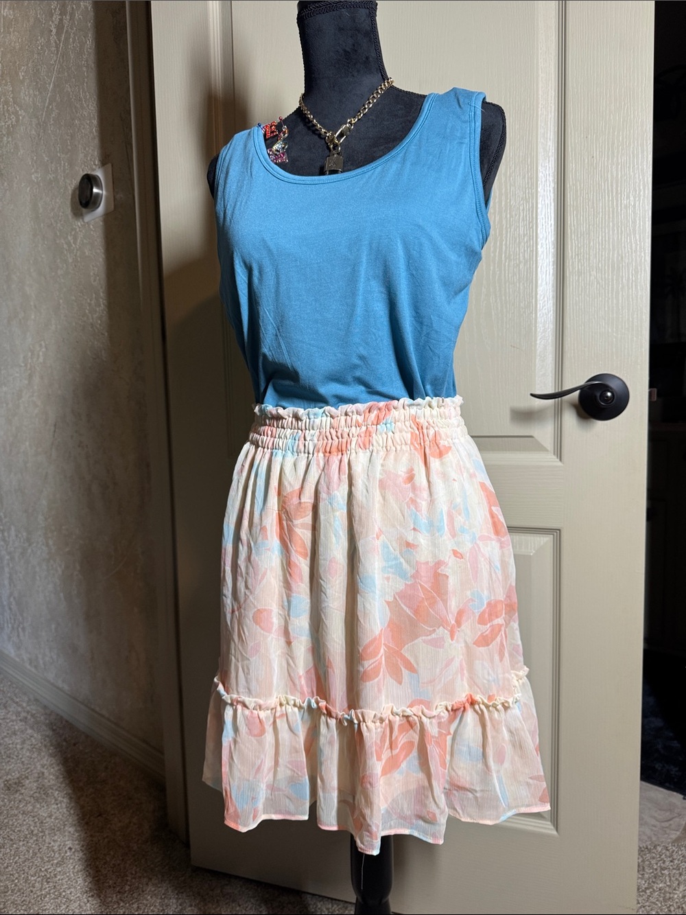 Floral Mini Skirt & Blue Sleeveless Top Outfit